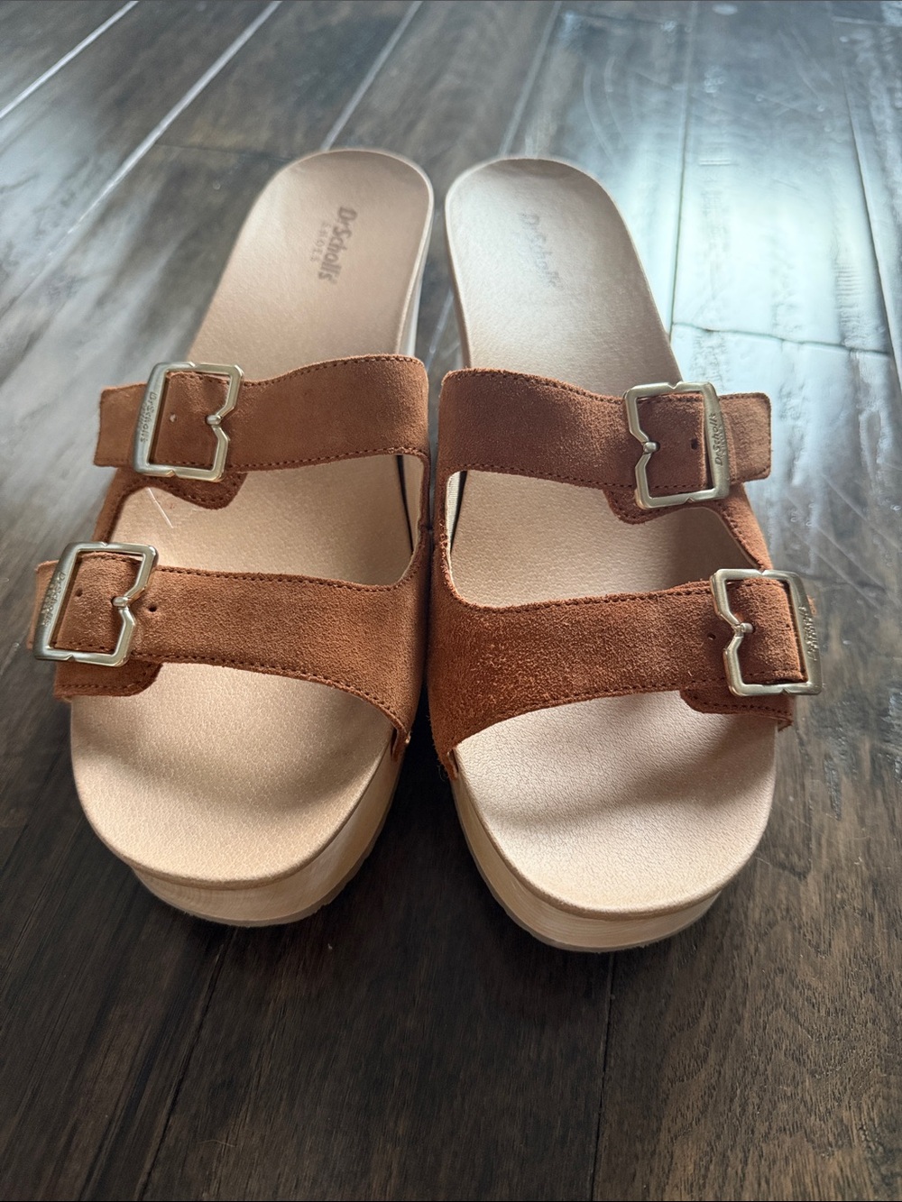 Dr. Scholl's Tan Suede Dual-Buckle Slide Clogs
